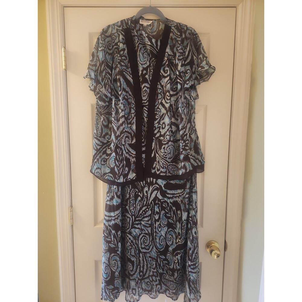 Studio 1 Jacket Dress Set 22W Turquoise Aqua Brown Abstract Paisley Y2K Vintage